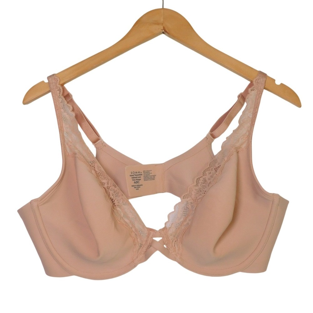 Soma Essentials Unlined Lace Trim Plunge Bra Nude Tan 40C Underwire 0423